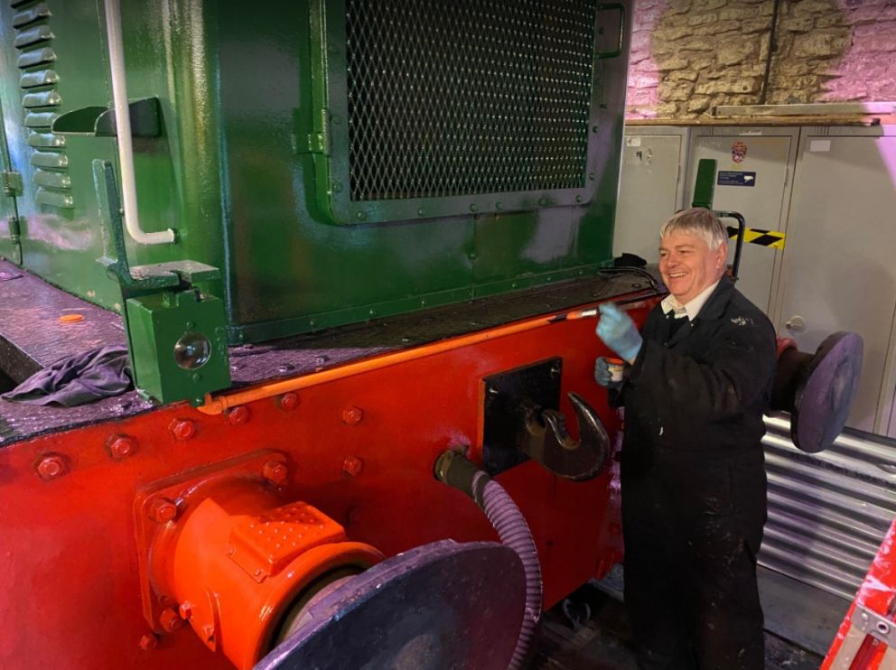 Finishing touches - our CME Barrie Papworth painting the pipework on our resident class 03.