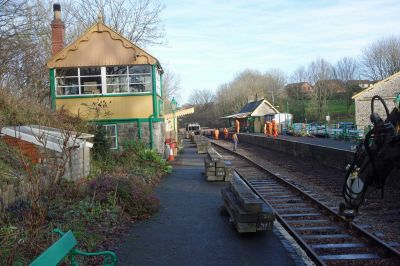 Station view on Jan 9th 2022 showing Down line track removed - stacks of new sleepers on the Up platform.