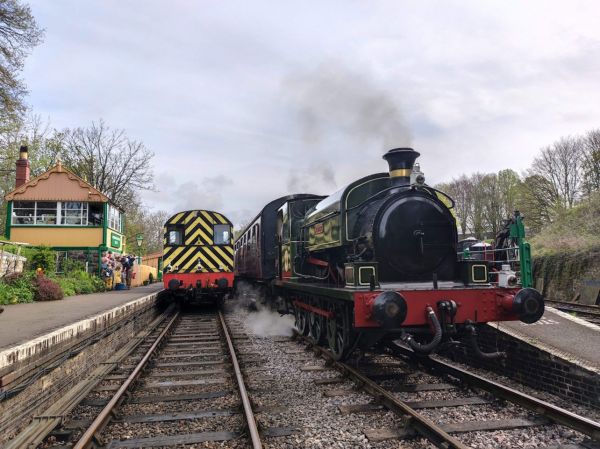 Austin 1 and 08 diesel shunter pause between duties during Easter event at Midsomer Norton